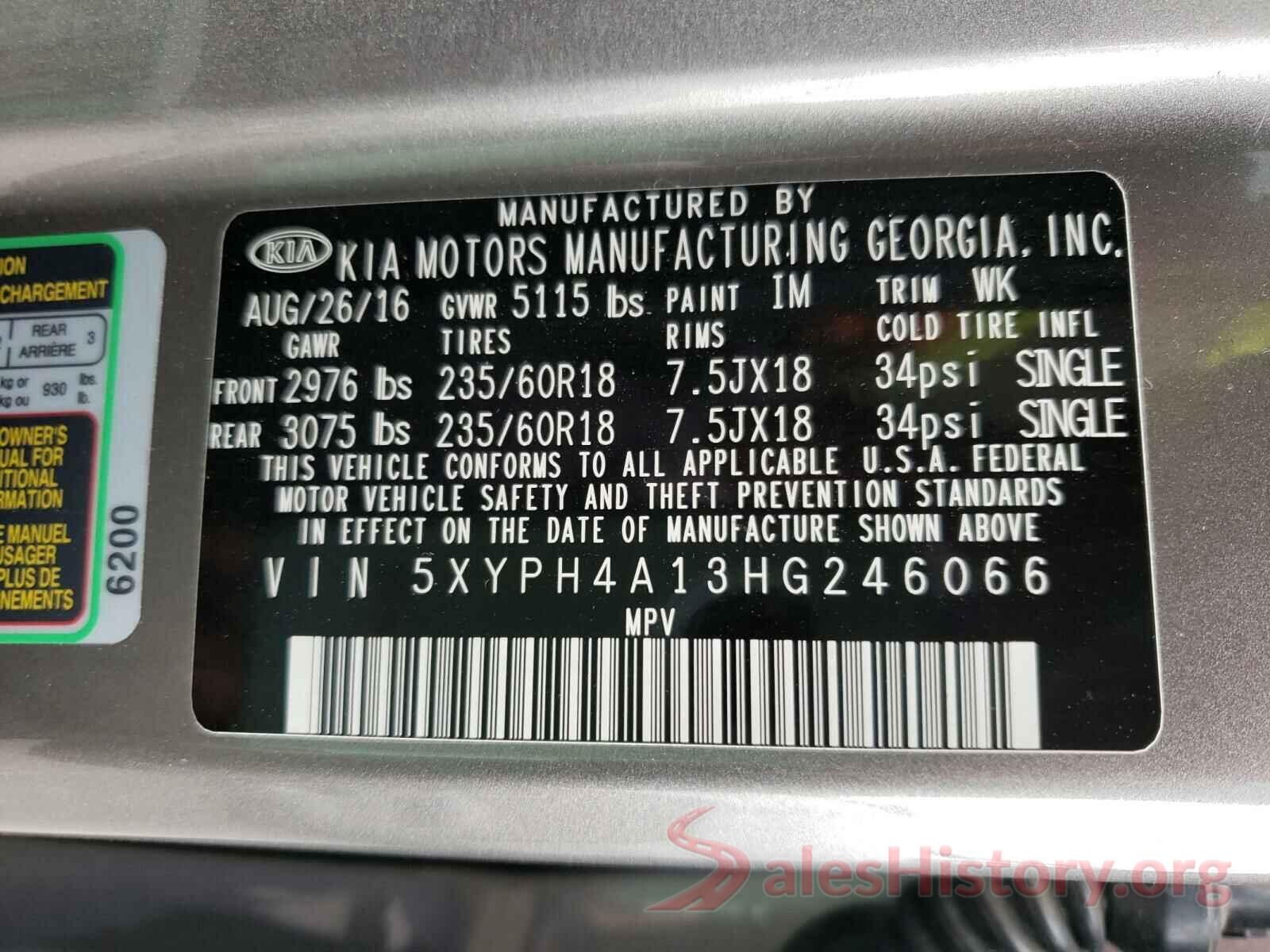 5XYPH4A13HG246066 2017 KIA SORENTO