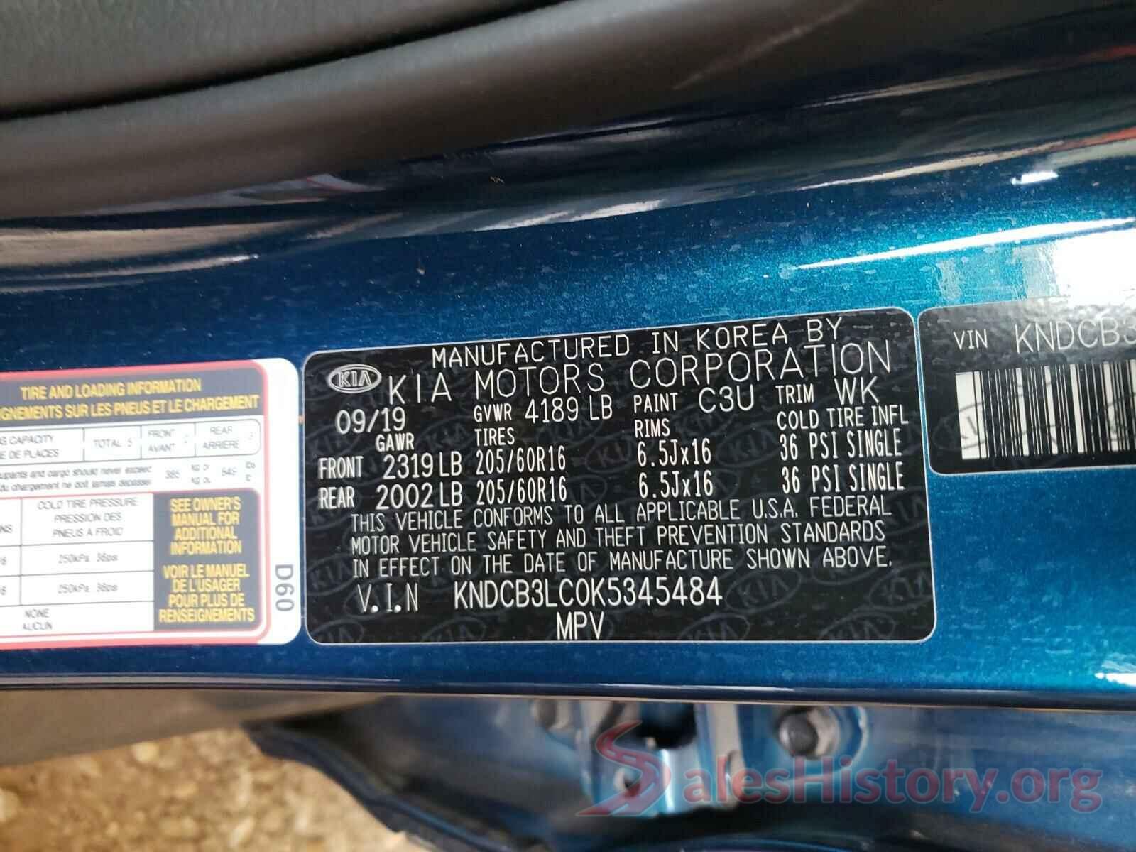 KNDCB3LC0K5345484 2019 KIA NIRO