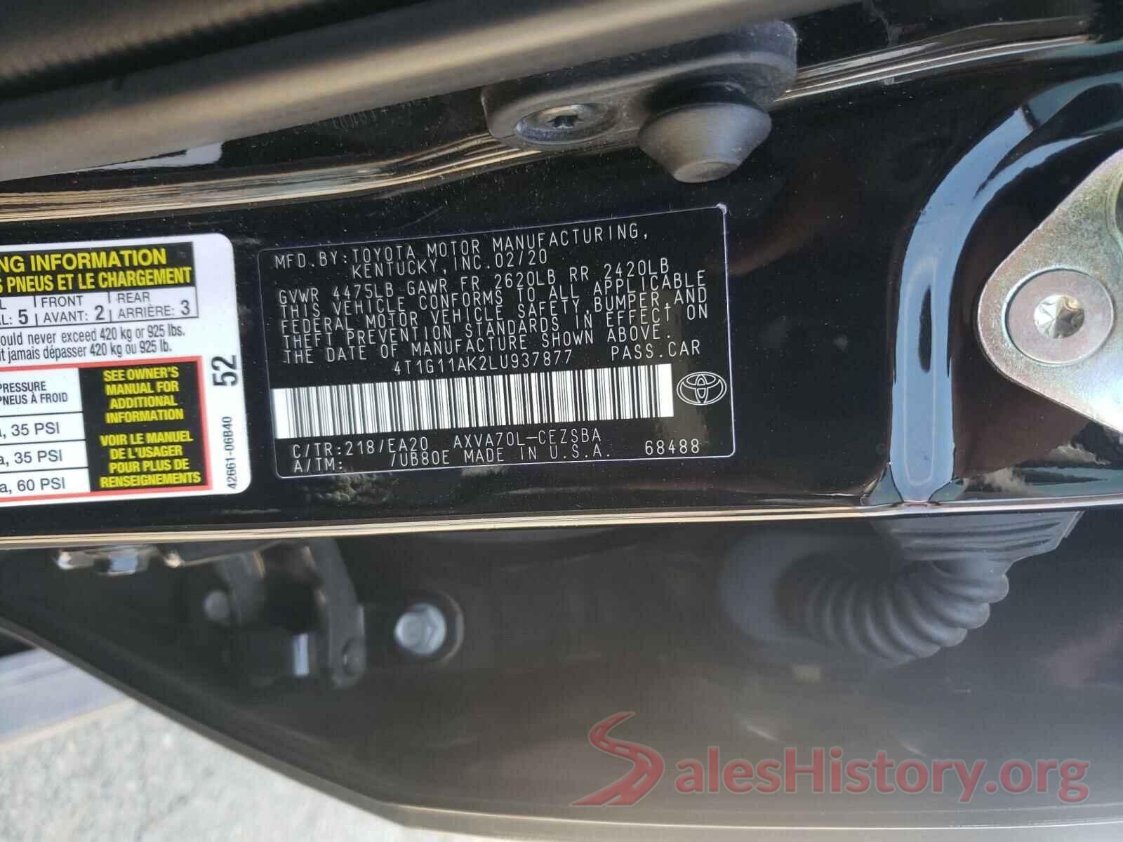 4T1G11AK2LU937877 2020 TOYOTA CAMRY