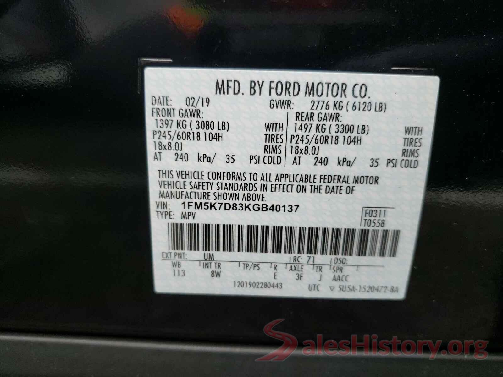 1FM5K7D83KGB40137 2019 FORD EXPLORER