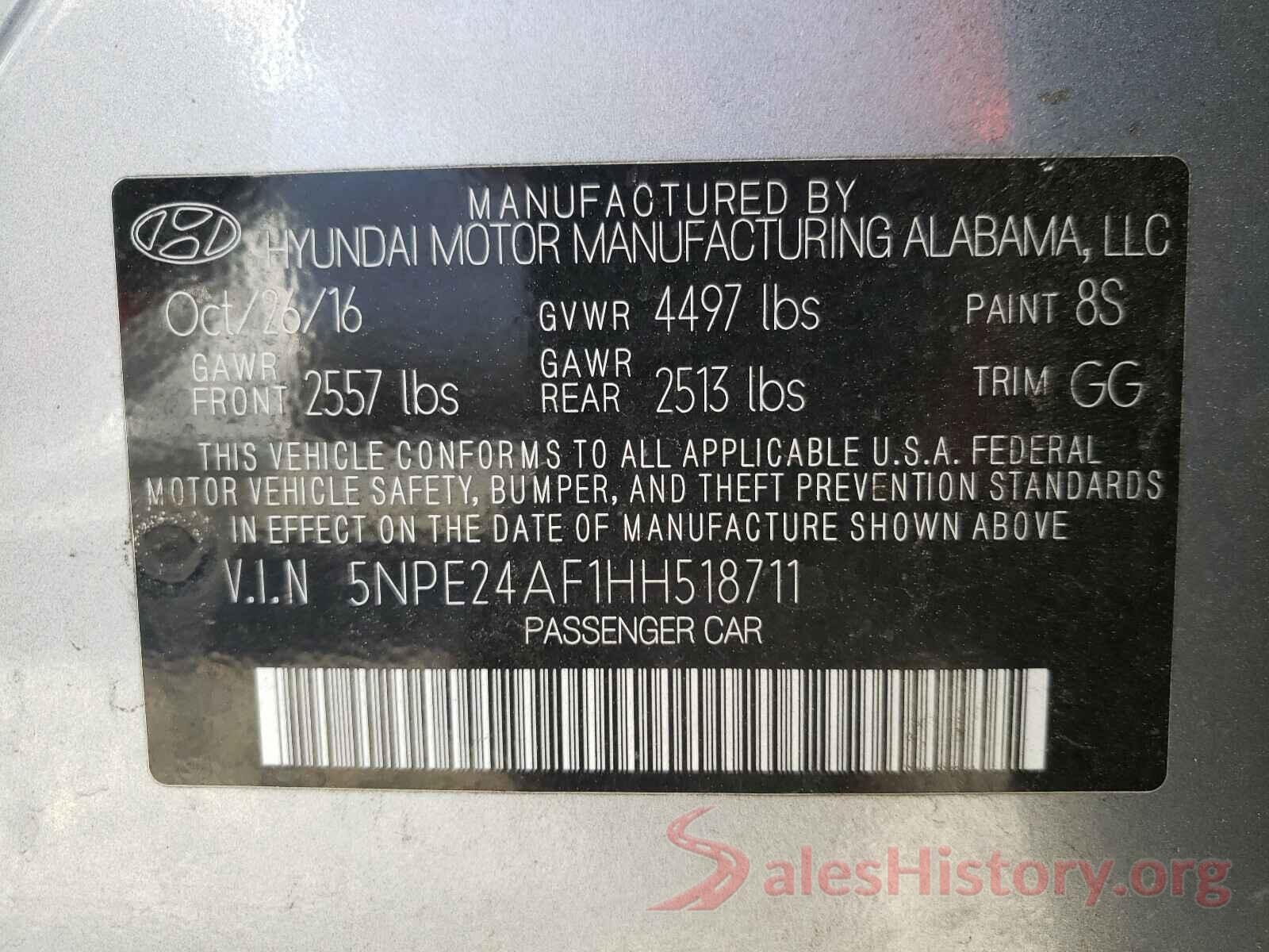 5NPE24AF1HH518711 2017 HYUNDAI SONATA