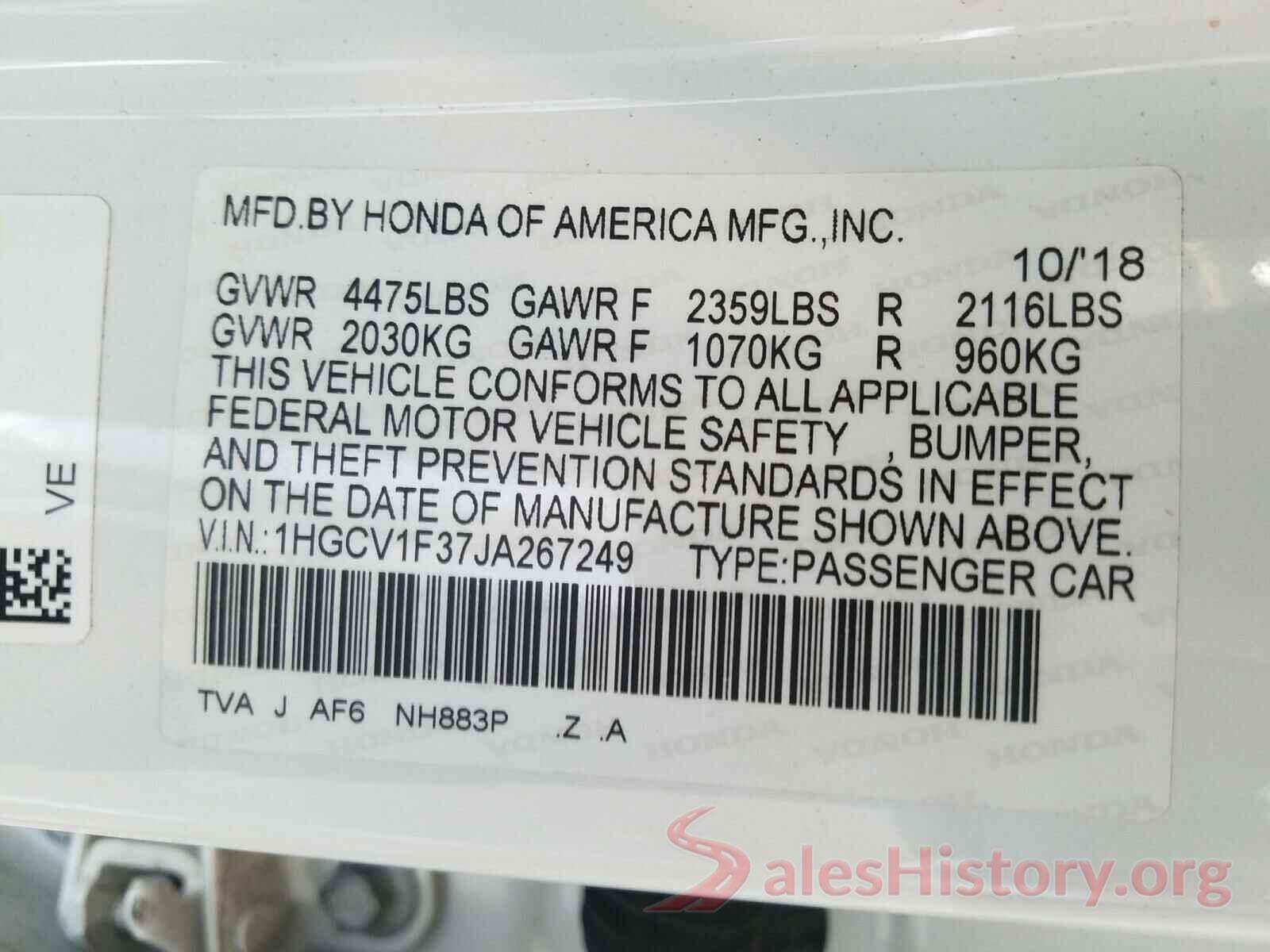 1HGCV1F37JA267249 2018 HONDA ACCORD