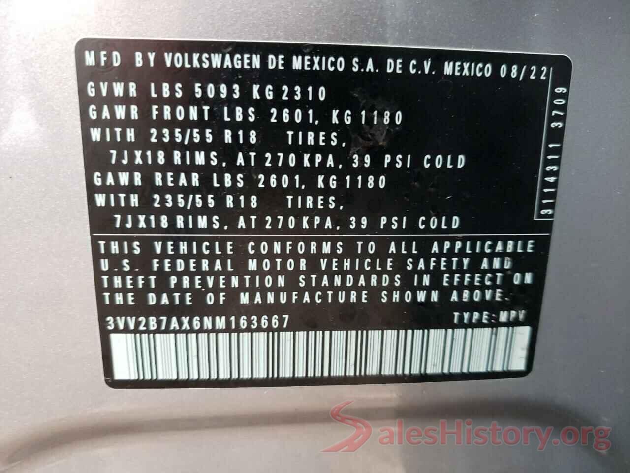 3VV2B7AX6NM163667 2022 VOLKSWAGEN TIGUAN