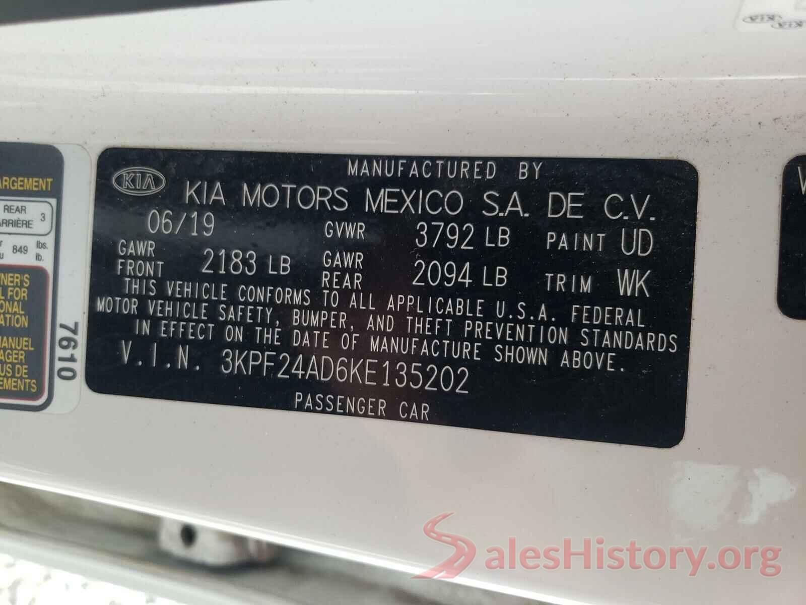 3KPF24AD6KE135202 2019 KIA FORTE