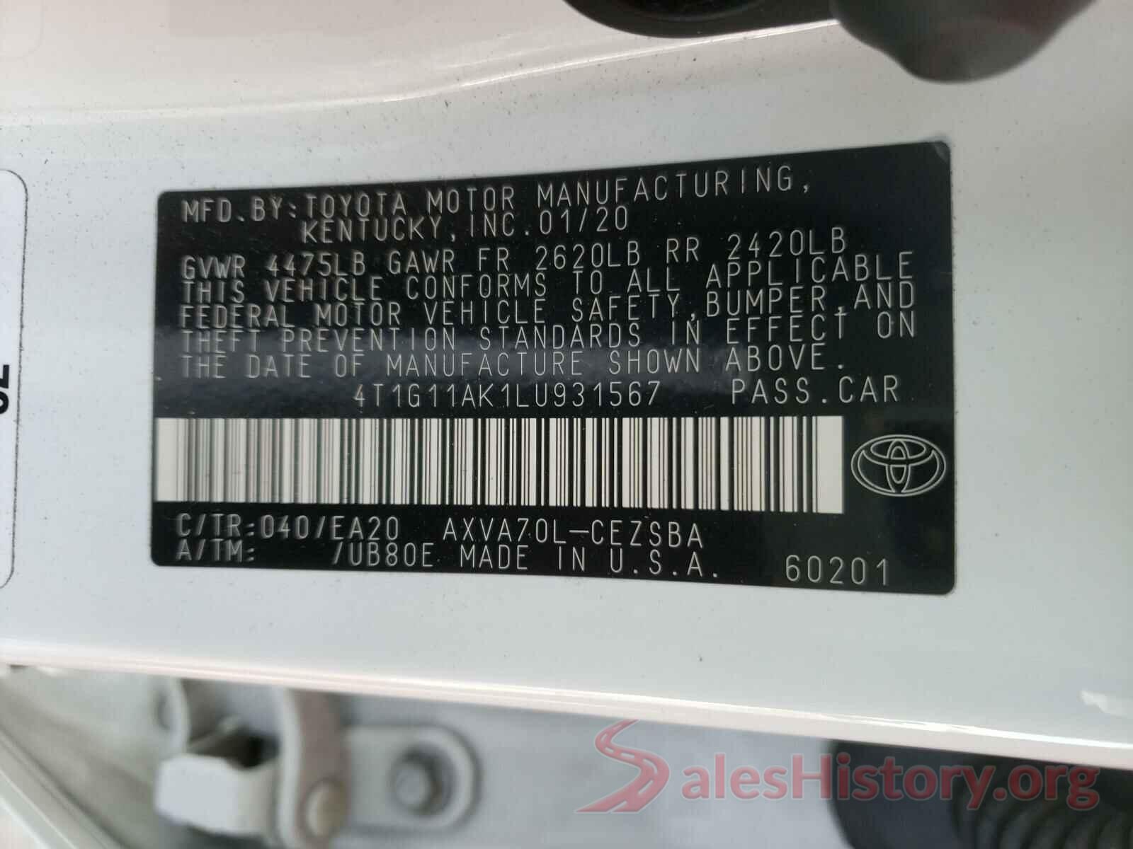 4T1G11AK1LU931567 2020 TOYOTA CAMRY