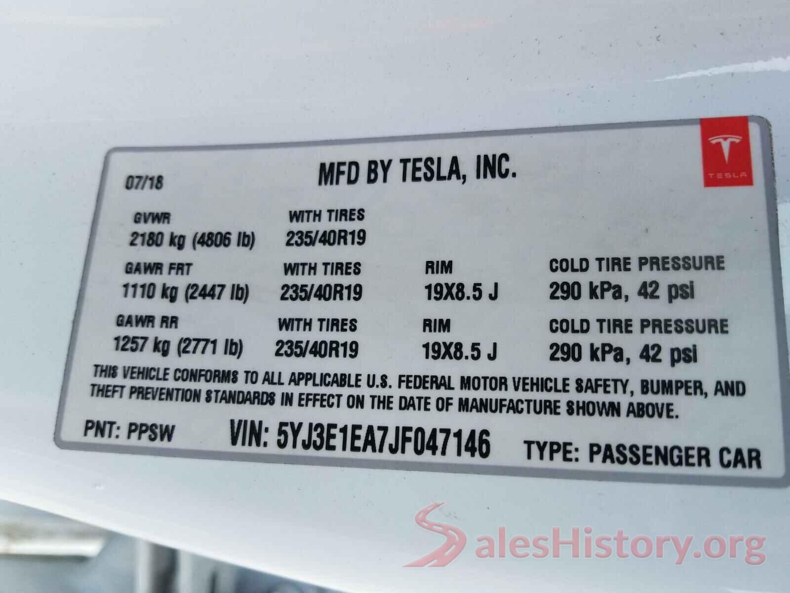 5YJ3E1EA7JF047146 2018 TESLA MODEL 3