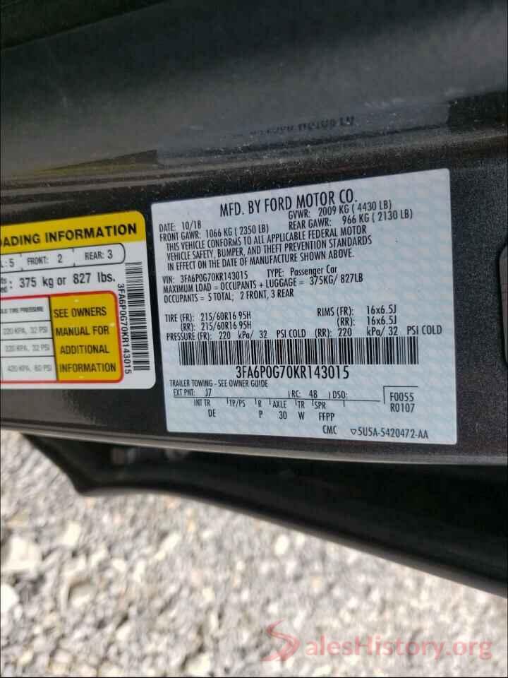 3FA6P0G70KR143015 2019 FORD FUSION