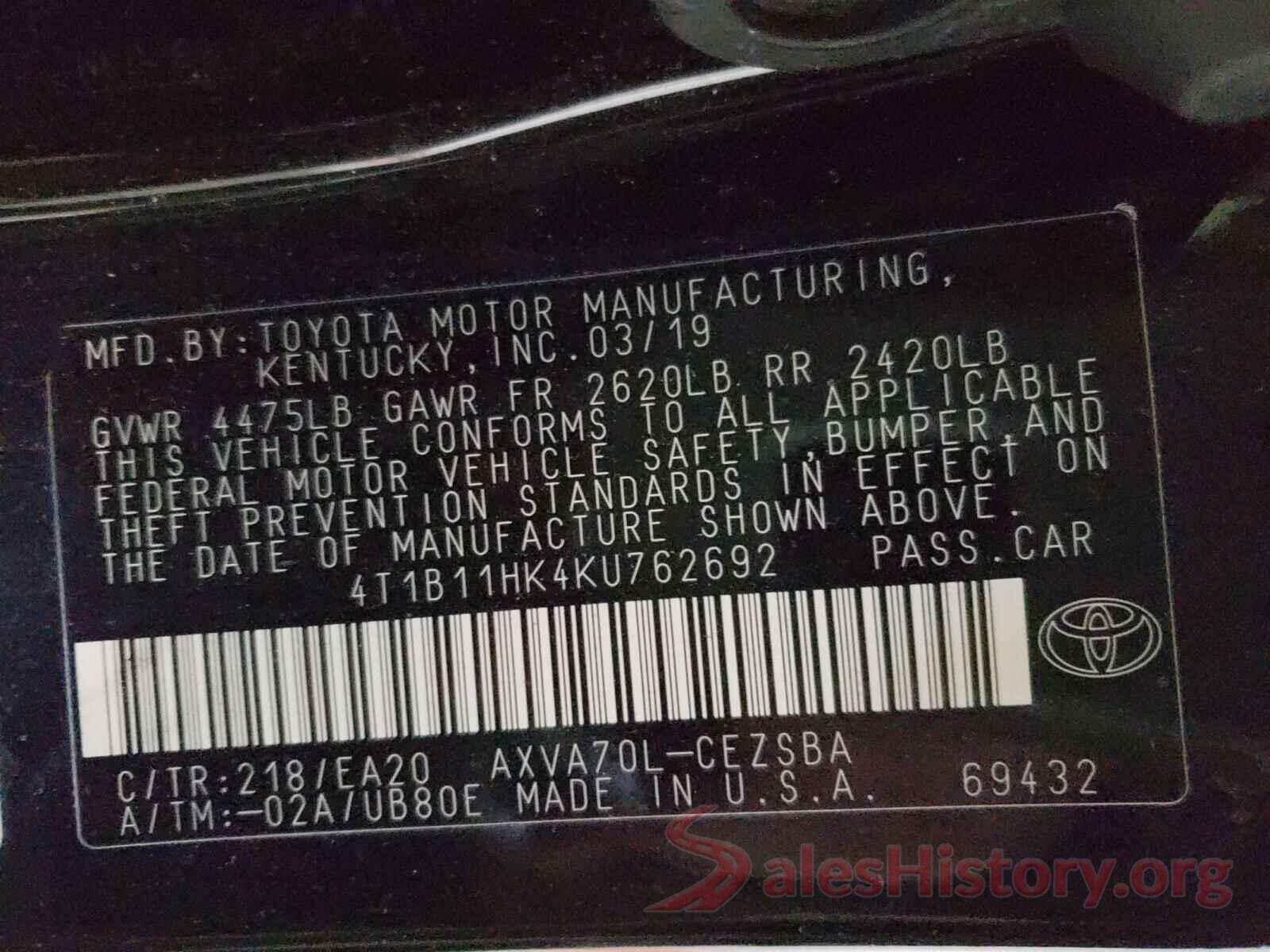 4T1B11HK4KU762692 2019 TOYOTA CAMRY