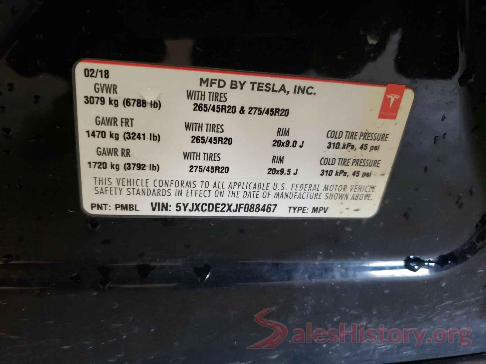 5YJXCDE2XJF088467 2018 TESLA MODEL X