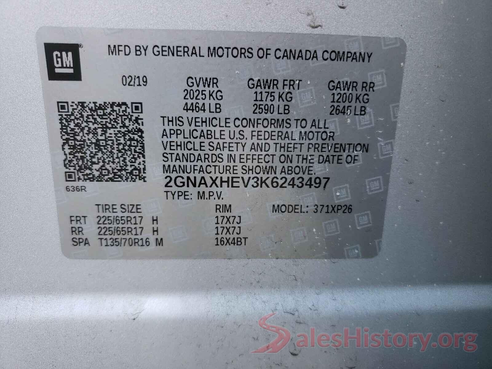 2GNAXHEV3K6243497 2019 CHEVROLET EQUINOX