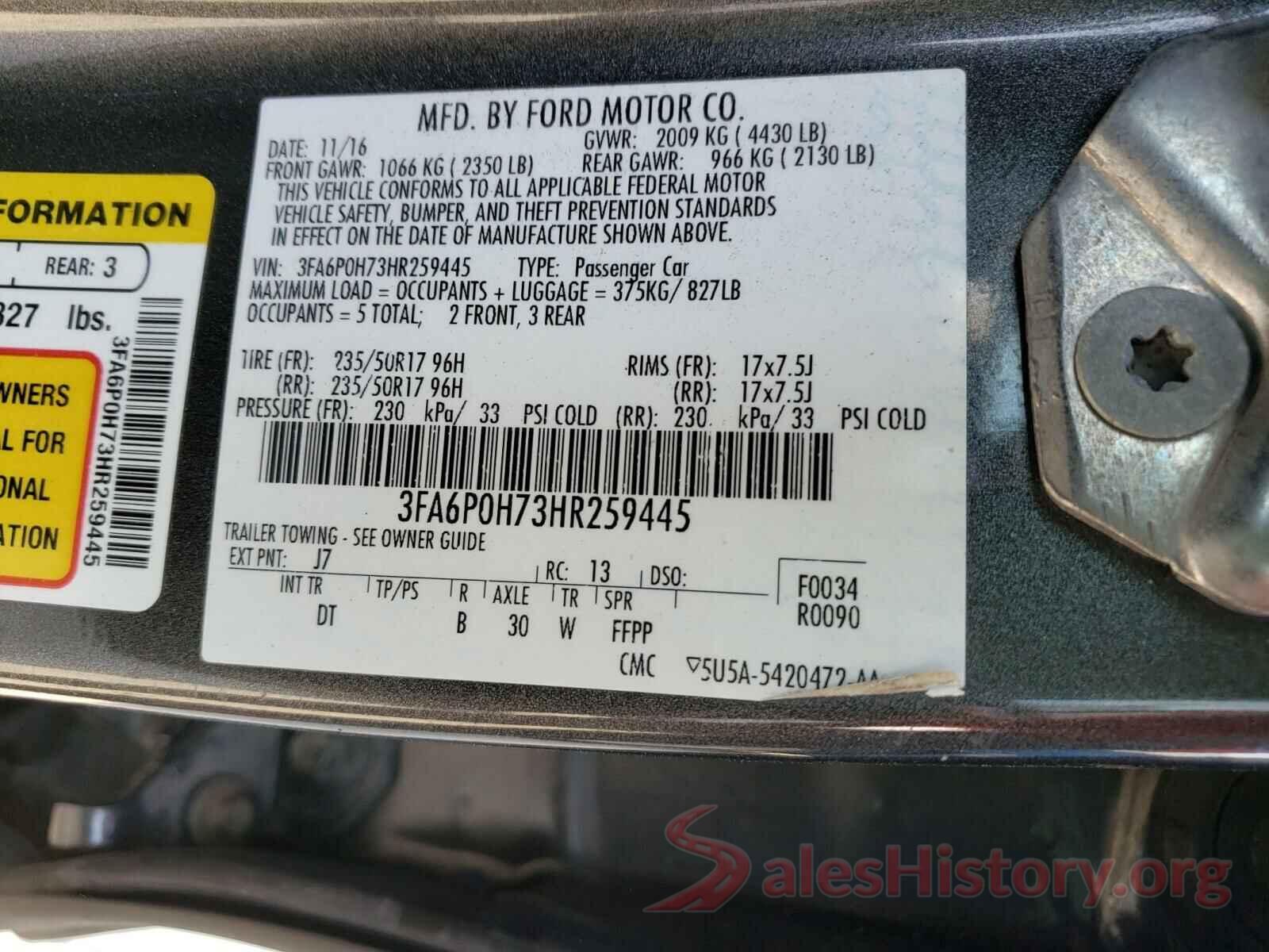 3FA6P0H73HR259445 2017 FORD FUSION