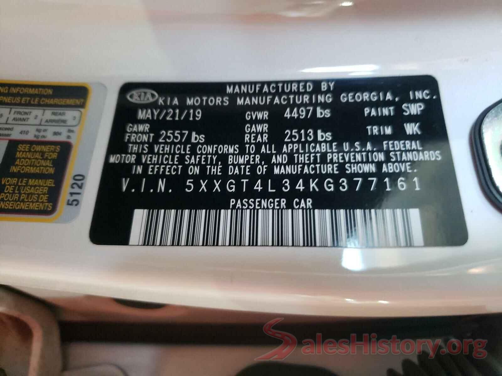 5XXGT4L34KG377161 2019 KIA OPTIMA