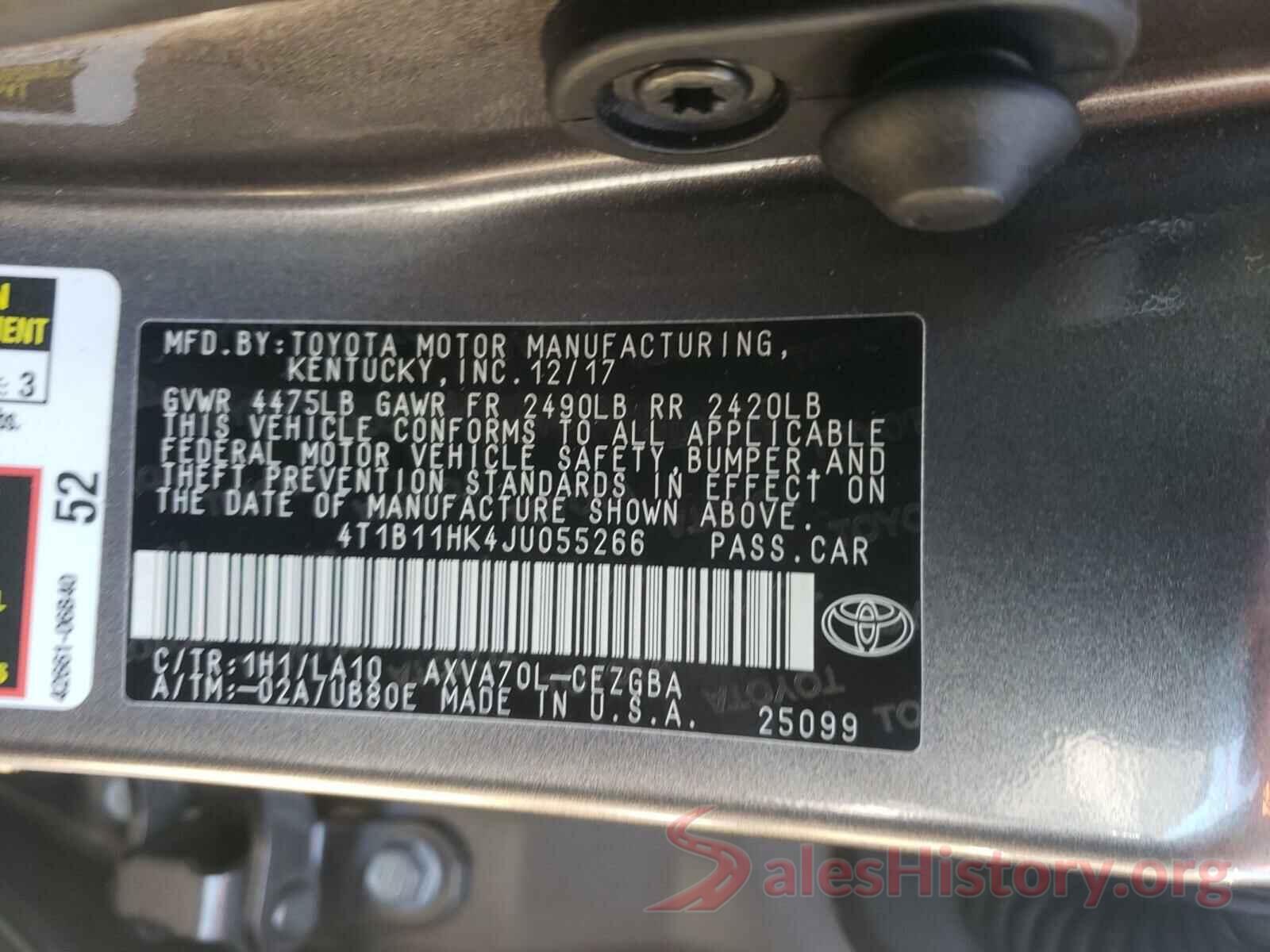 4T1B11HK4JU055266 2018 TOYOTA CAMRY