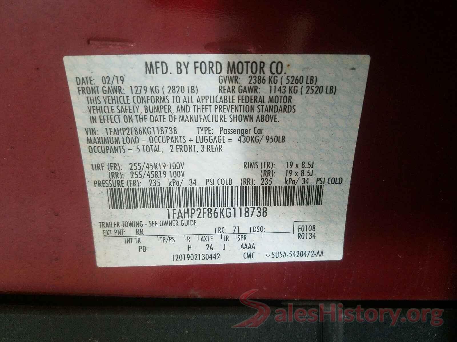 1FAHP2F86KG118738 2019 FORD TAURUS