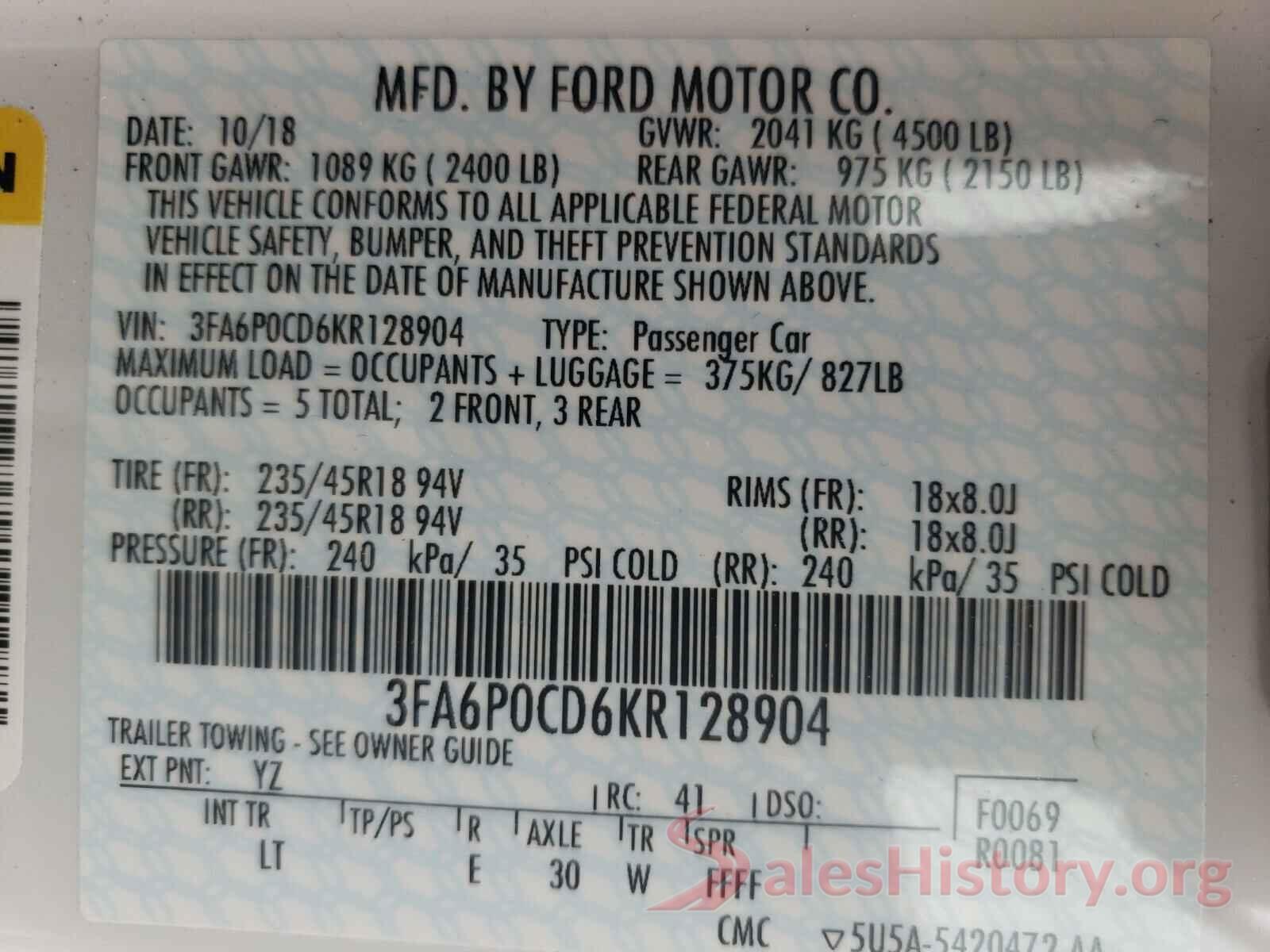 3FA6P0CD6KR128904 2019 FORD FUSION