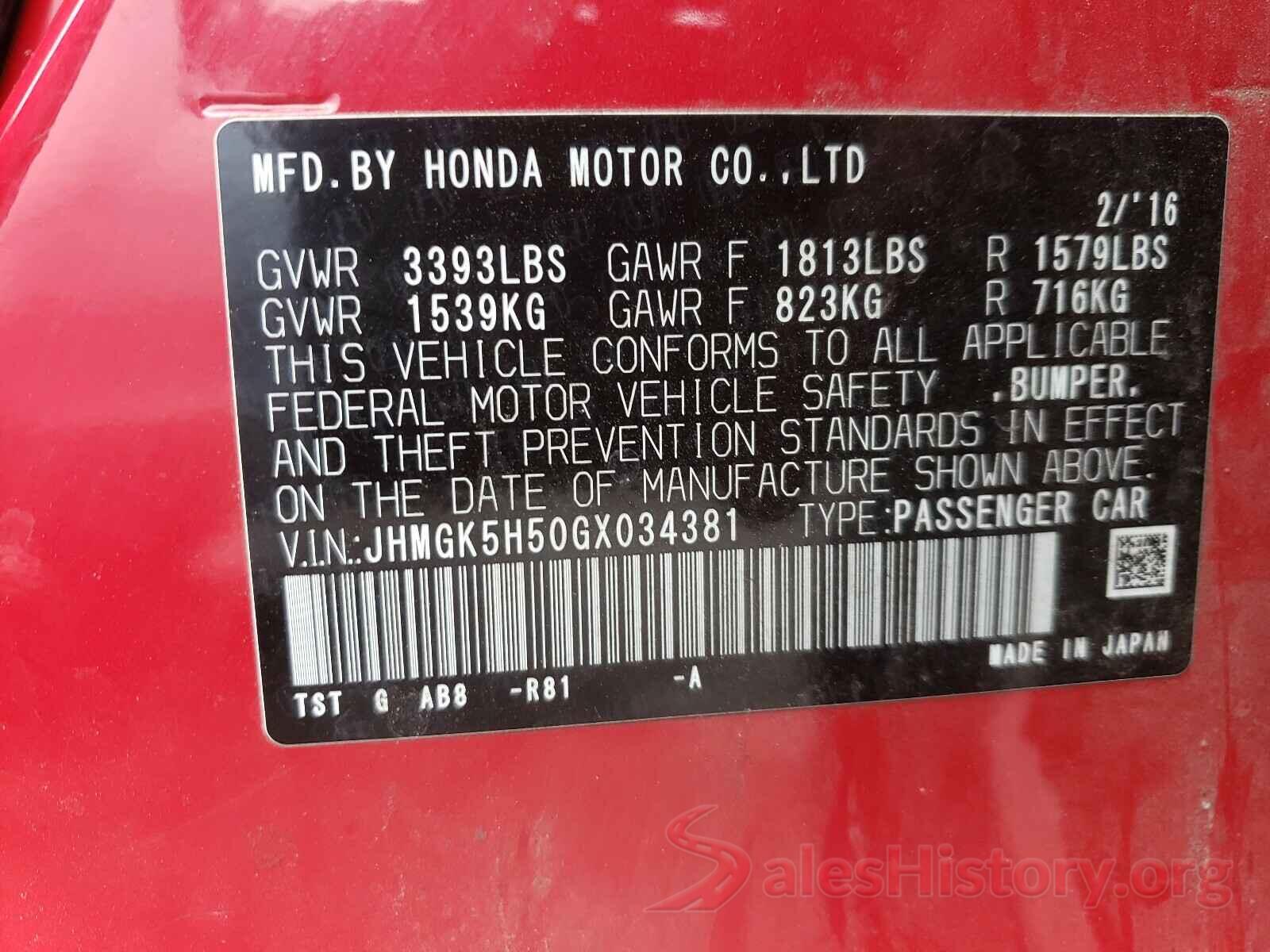 JHMGK5H50GX034381 2016 HONDA FIT