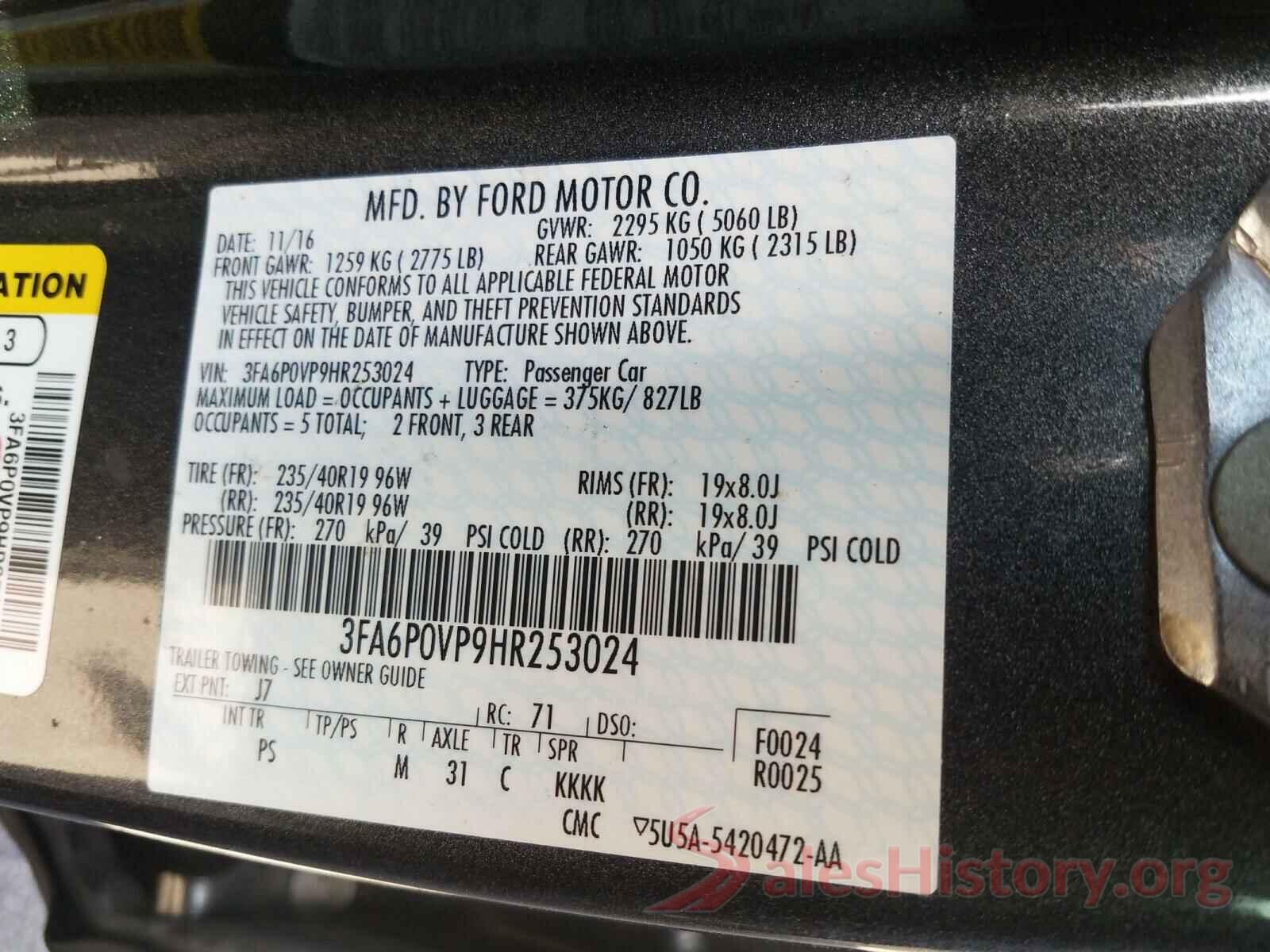 3FA6P0VP9HR253024 2017 FORD FUSION