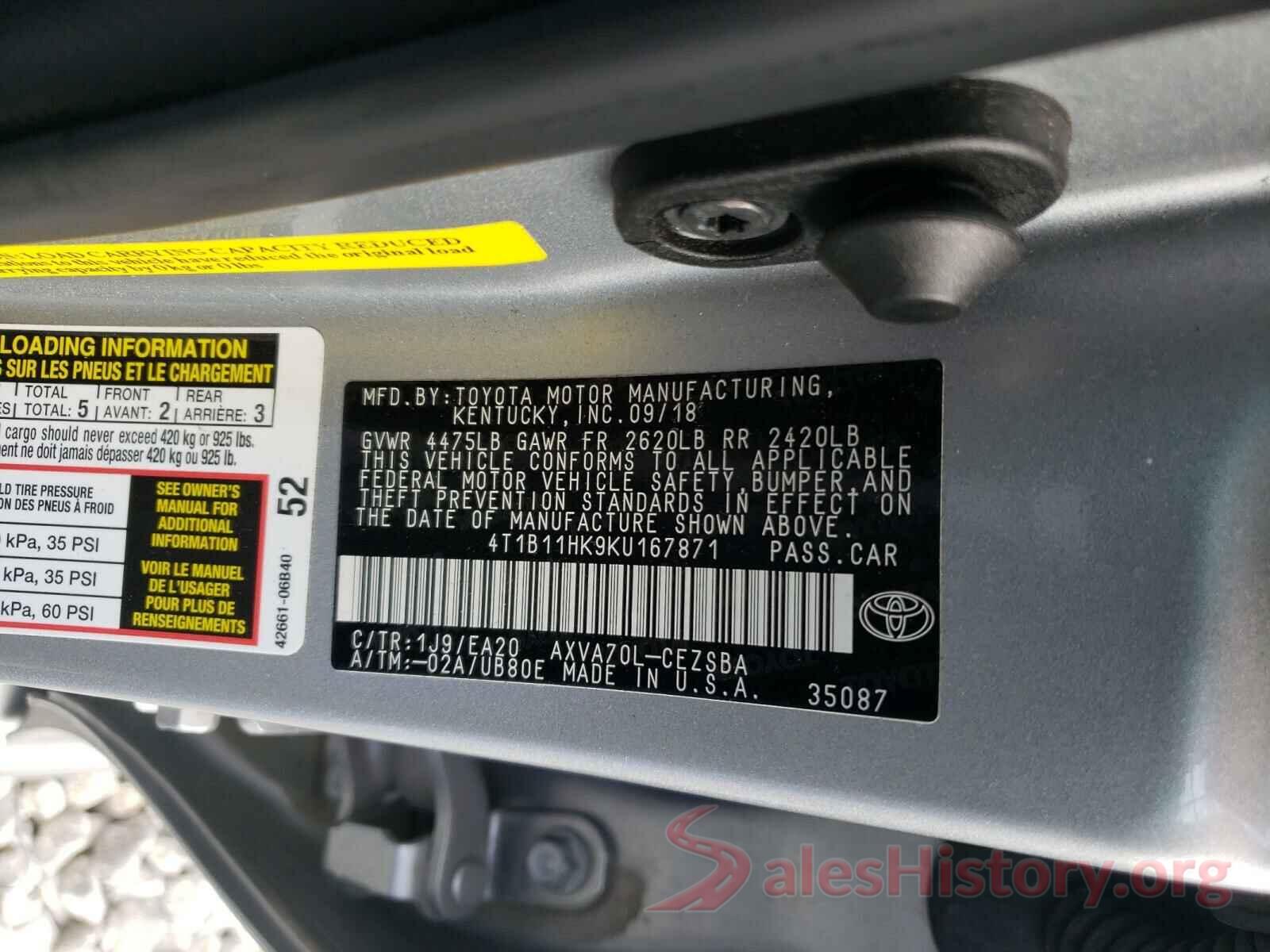 4T1B11HK9KU167871 2019 TOYOTA CAMRY