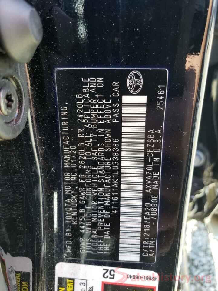 4T1G11AK1LU338386 2020 TOYOTA CAMRY