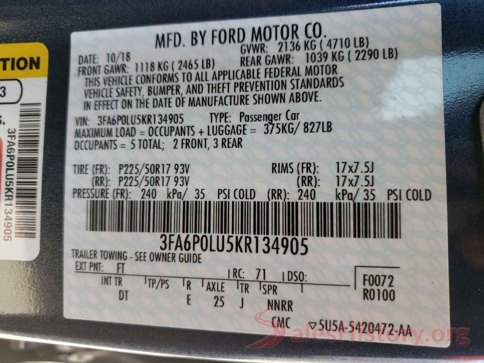 3FA6P0LU5KR134905 2019 FORD FUSION