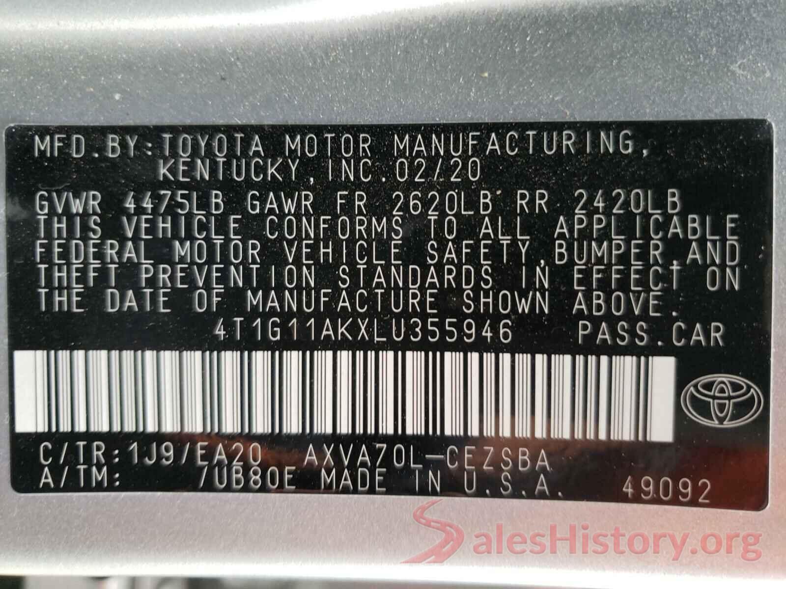 4T1G11AKXLU355946 2020 TOYOTA CAMRY