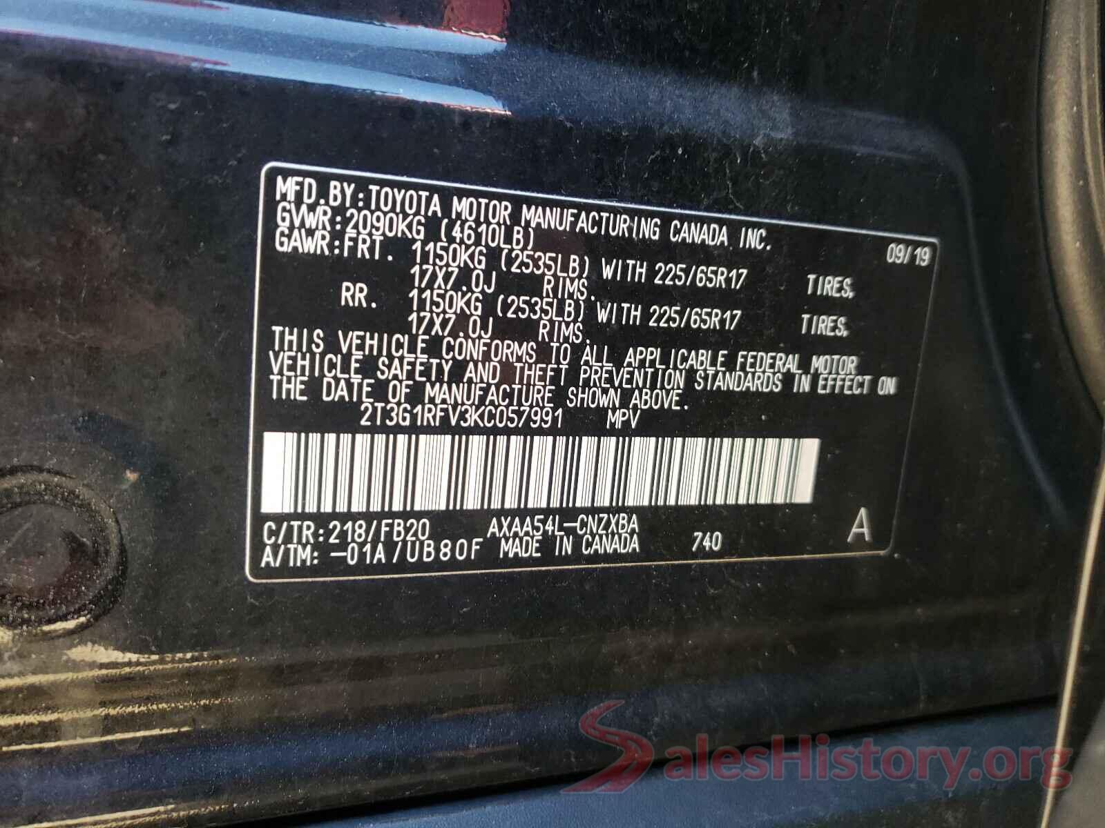 2T3G1RFV3KC057991 2019 TOYOTA RAV4