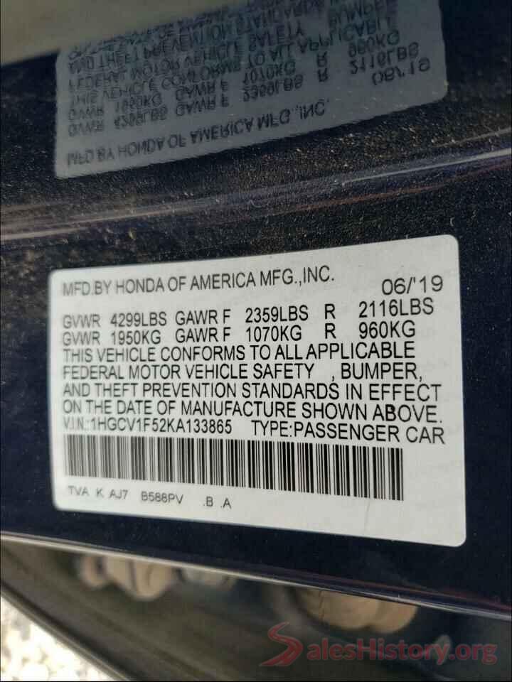 1HGCV1F52KA133865 2019 HONDA ACCORD