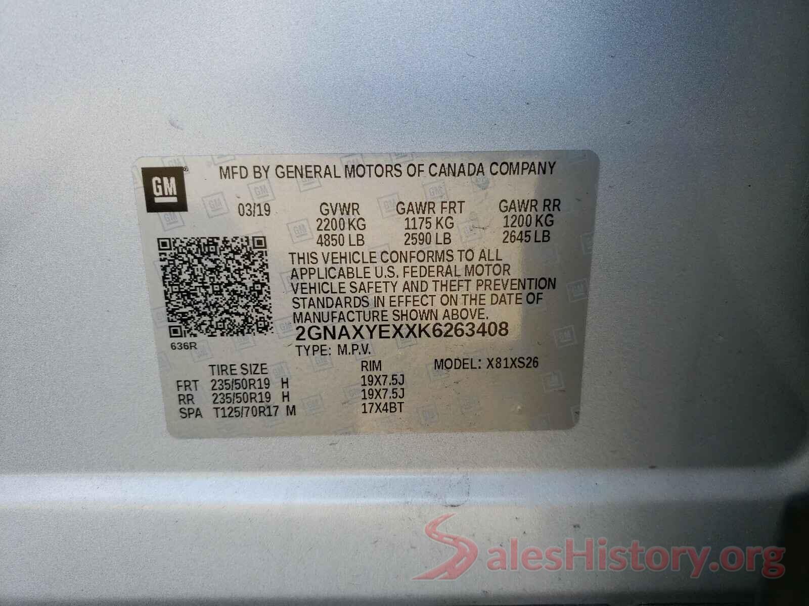 2GNAXYEXXK6263408 2019 CHEVROLET EQUINOX