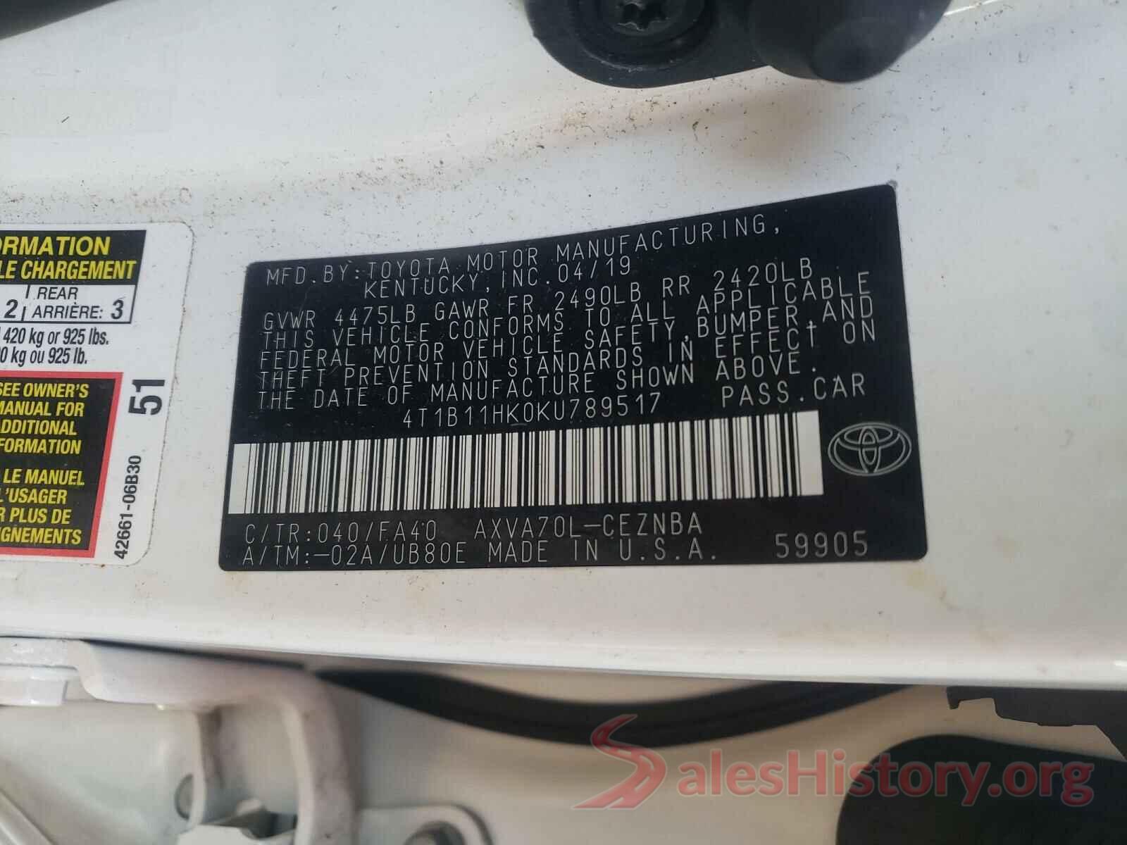 4T1B11HK0KU789517 2019 TOYOTA CAMRY