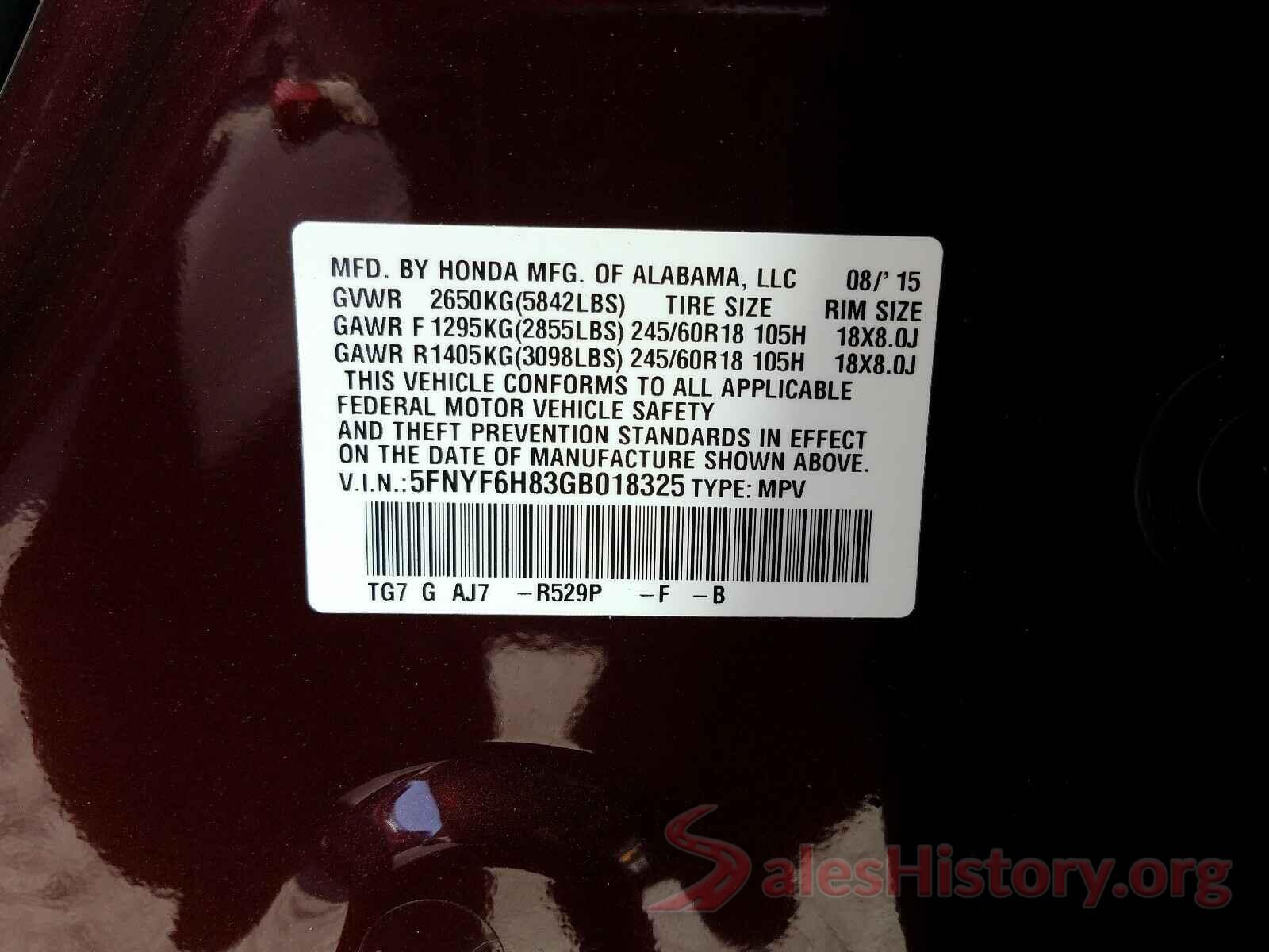 5FNYF6H83GB018325 2016 HONDA PILOT