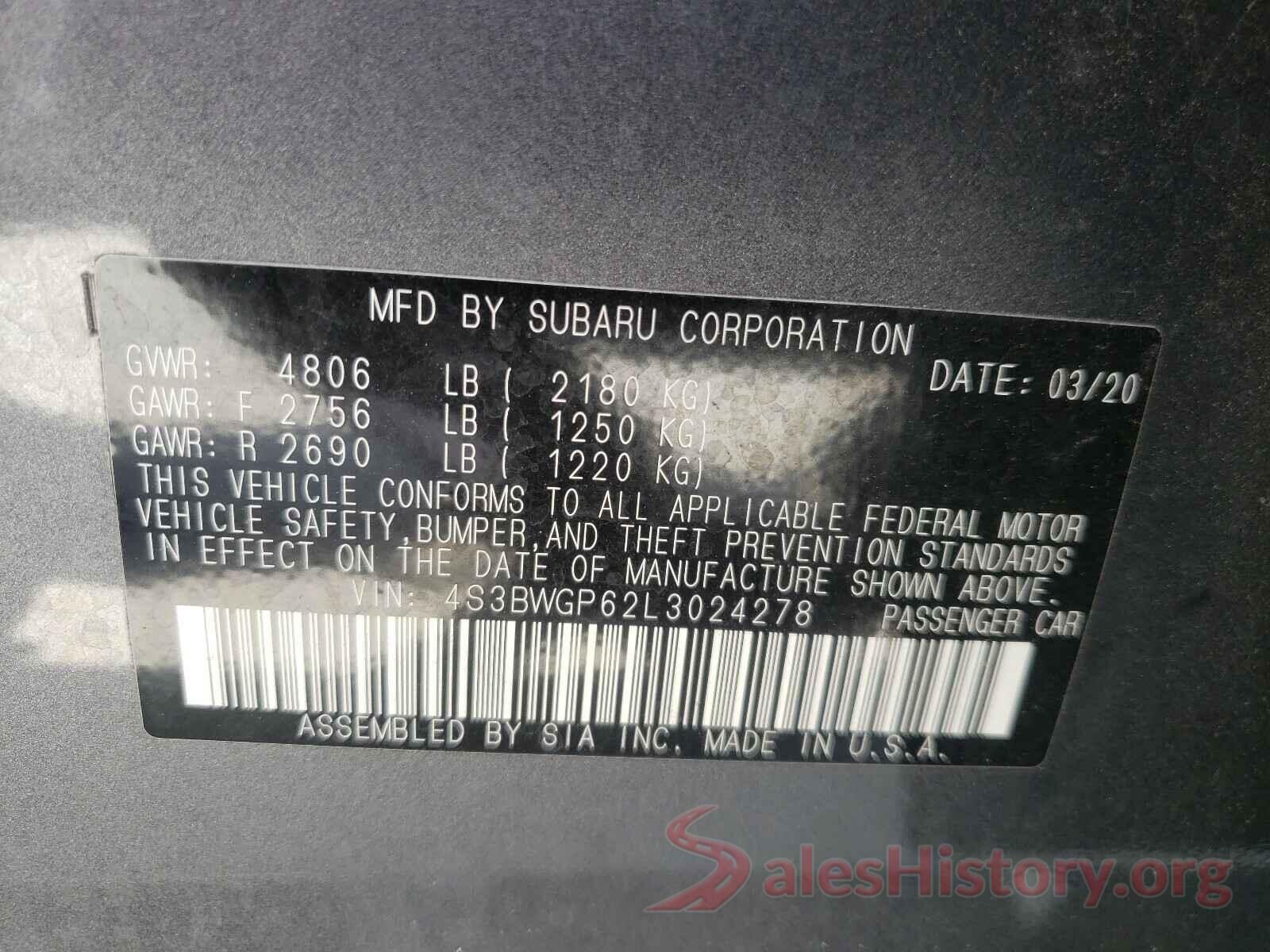 4S3BWGP62L3024278 2020 SUBARU LEGACY