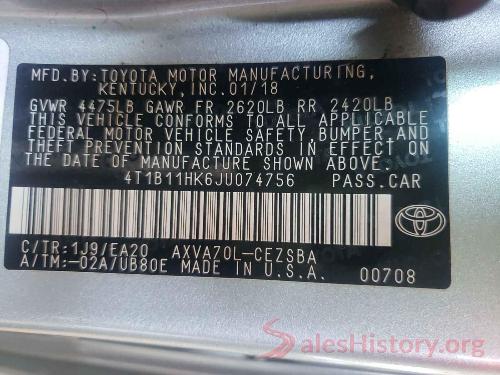 4T1B11HK6JU074756 2018 TOYOTA CAMRY