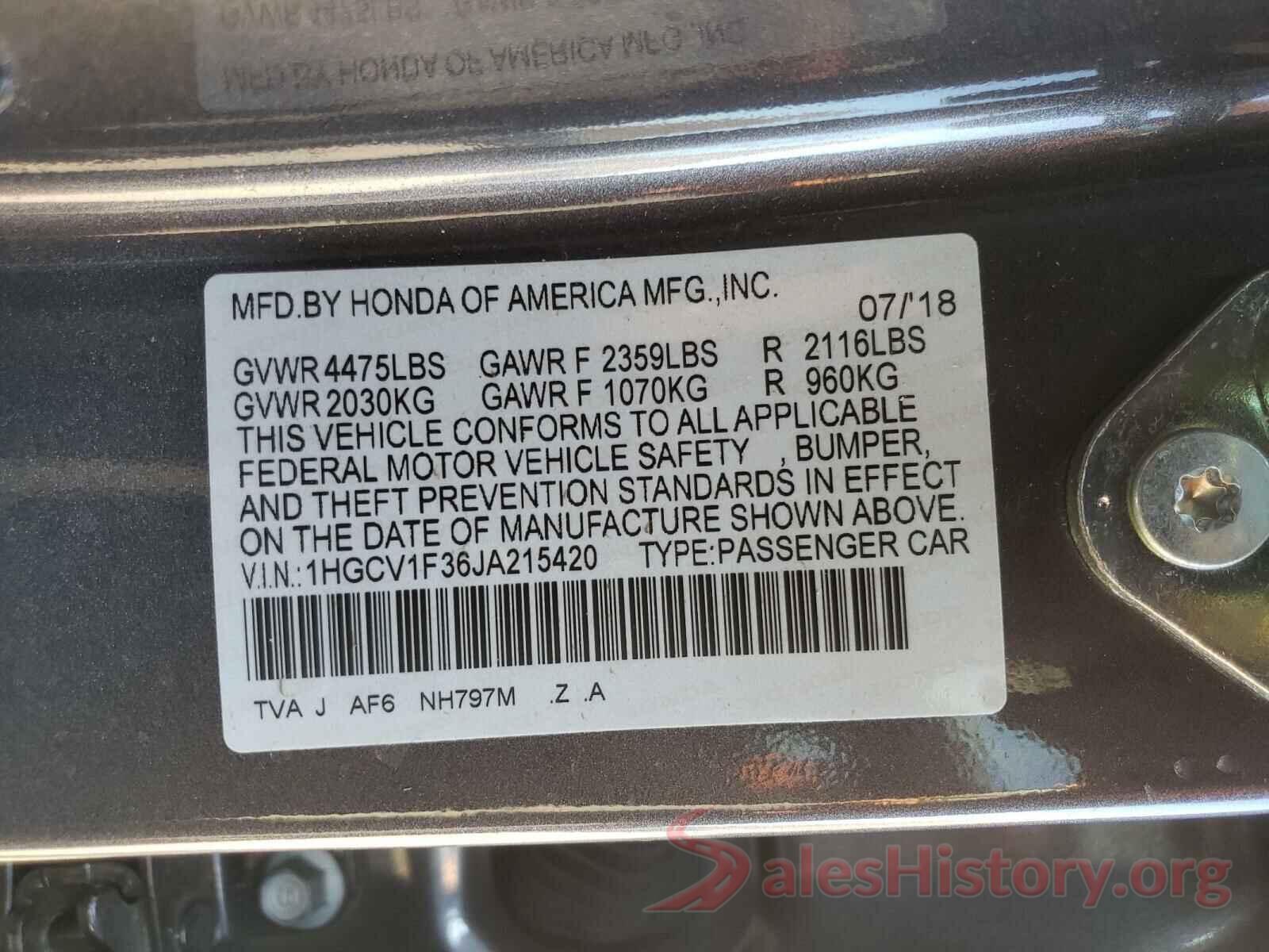 1HGCV1F36JA215420 2018 HONDA ACCORD