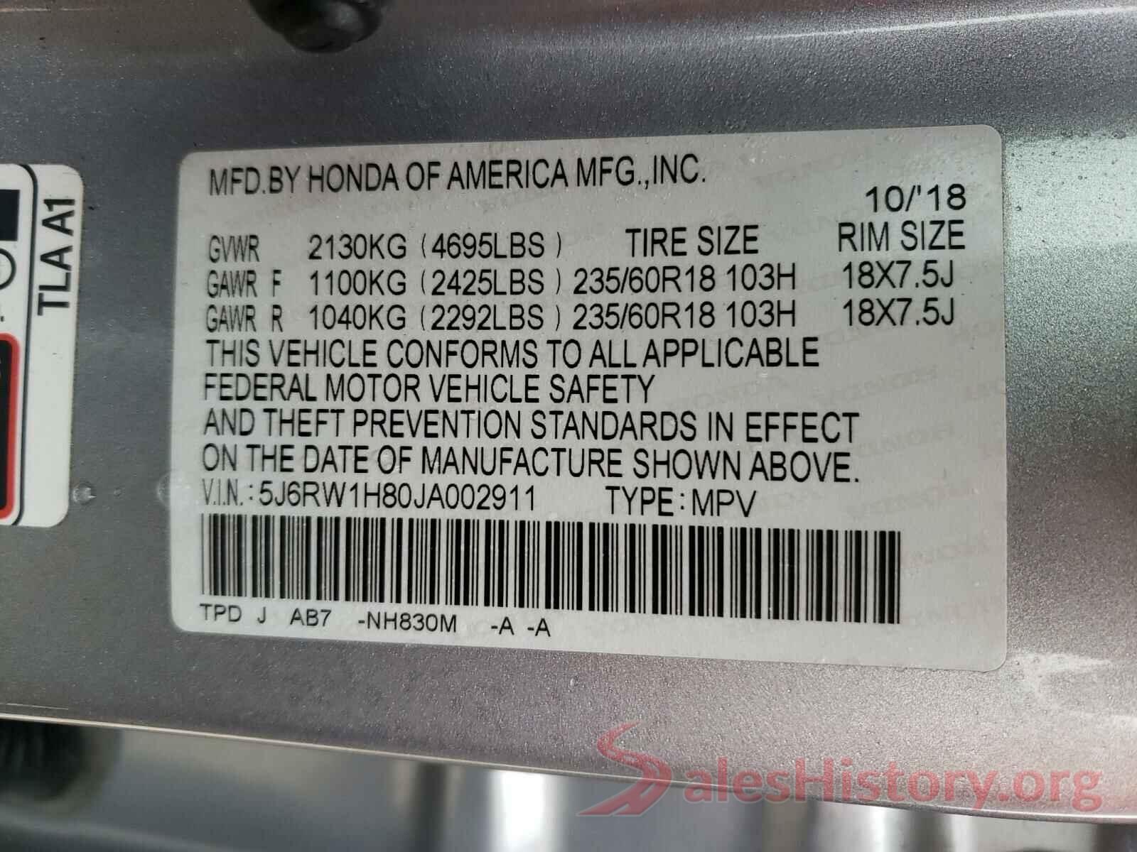 5J6RW1H80JA002911 2018 HONDA CRV