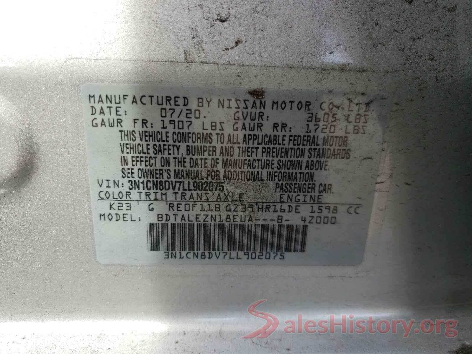 3N1CN8DV7LL902075 2020 NISSAN VERSA