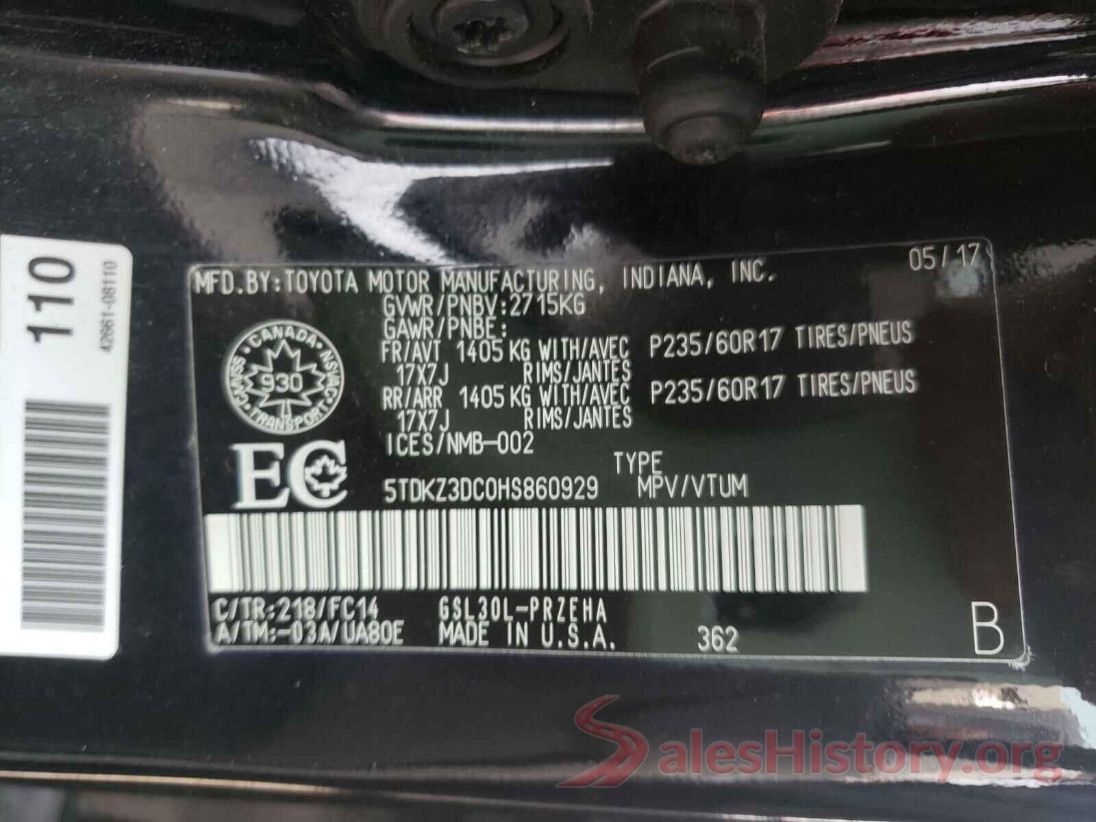 5TDKZ3DC0HS860929 2017 TOYOTA SIENNA