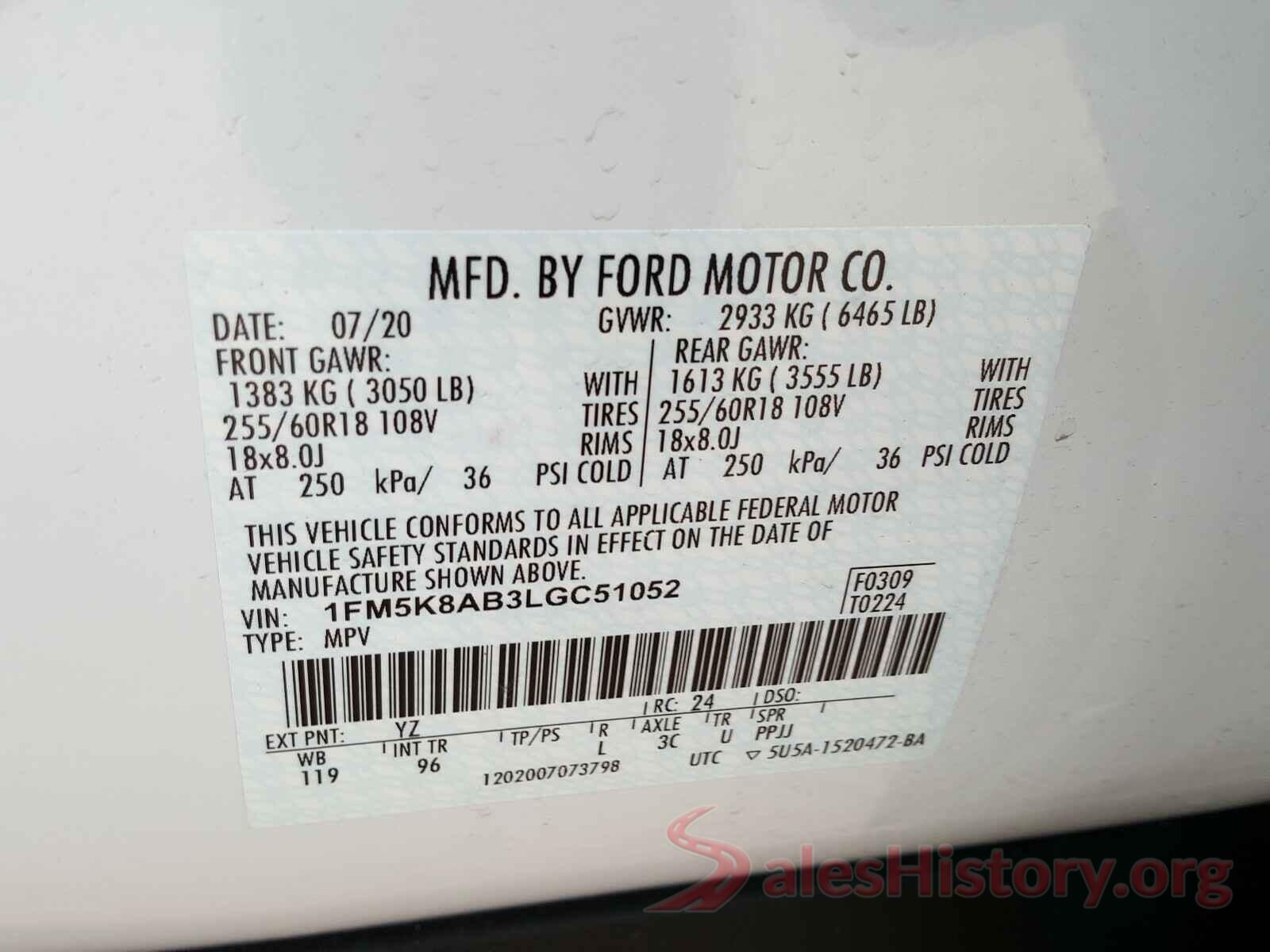 1FM5K8AB3LGC51052 2020 FORD EXPLORER