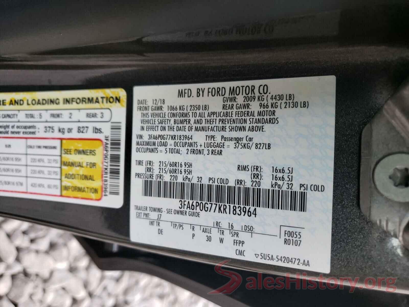 3FA6P0G77KR183964 2019 FORD FUSION