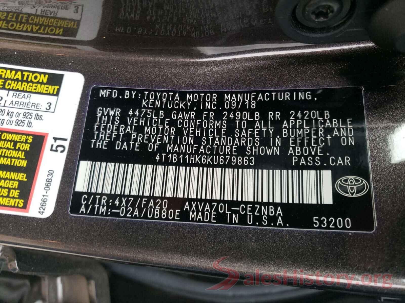 4T1B11HK6KU679863 2019 TOYOTA CAMRY