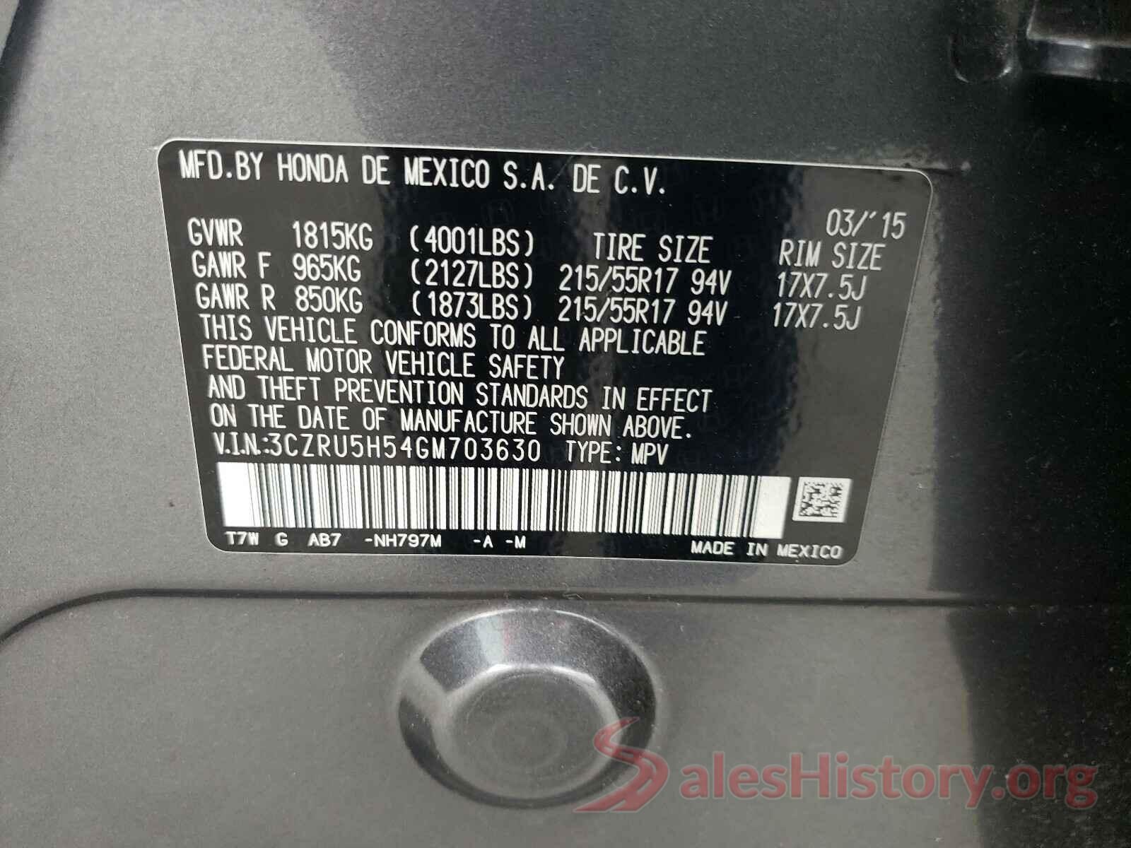 3CZRU5H54GM703630 2016 HONDA HR-V