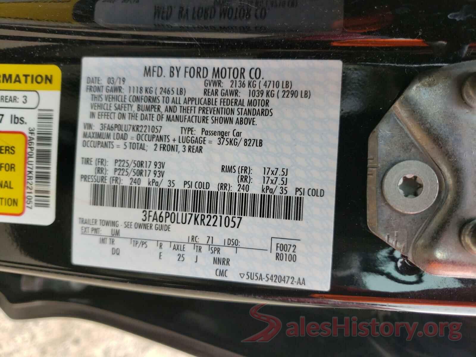 3FA6P0LU7KR221057 2019 FORD FUSION