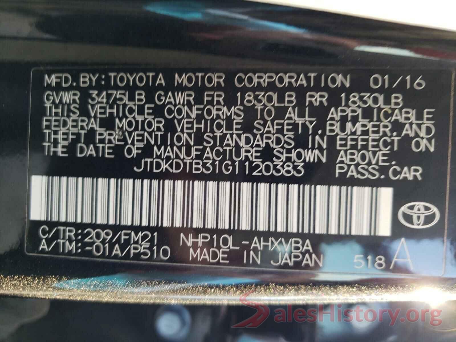 JTDKDTB31G1120383 2016 TOYOTA PRIUS