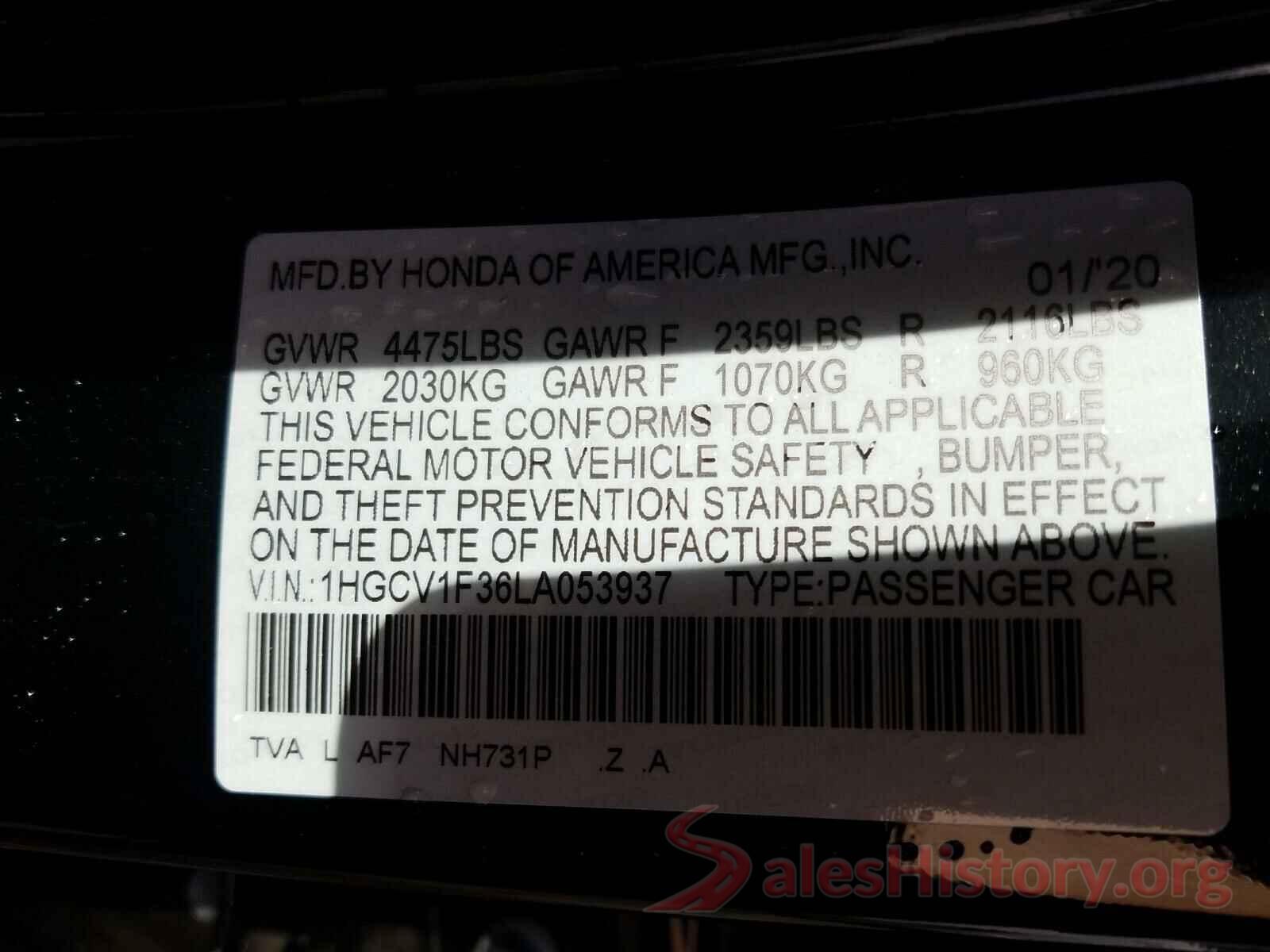 1HGCV1F36LA053937 2020 HONDA ACCORD