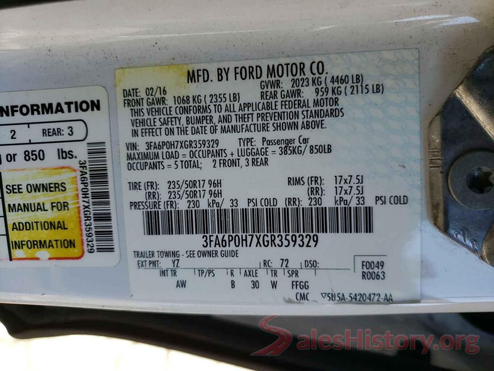 3FA6P0H7XGR359329 2016 FORD FUSION