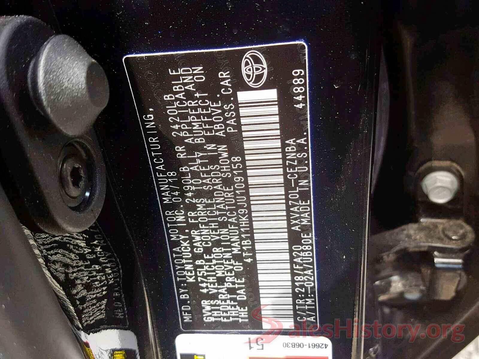 4T1B11HK9JU109158 2018 TOYOTA CAMRY