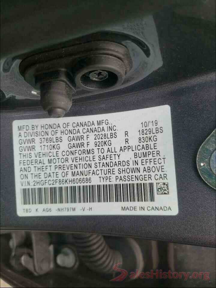 2HGFC2F86KH606686 2019 HONDA CIVIC