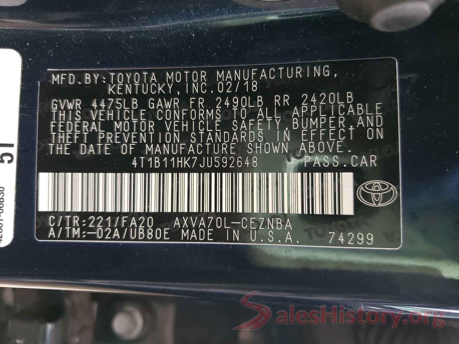 4T1B11HK7JU592648 2018 TOYOTA CAMRY