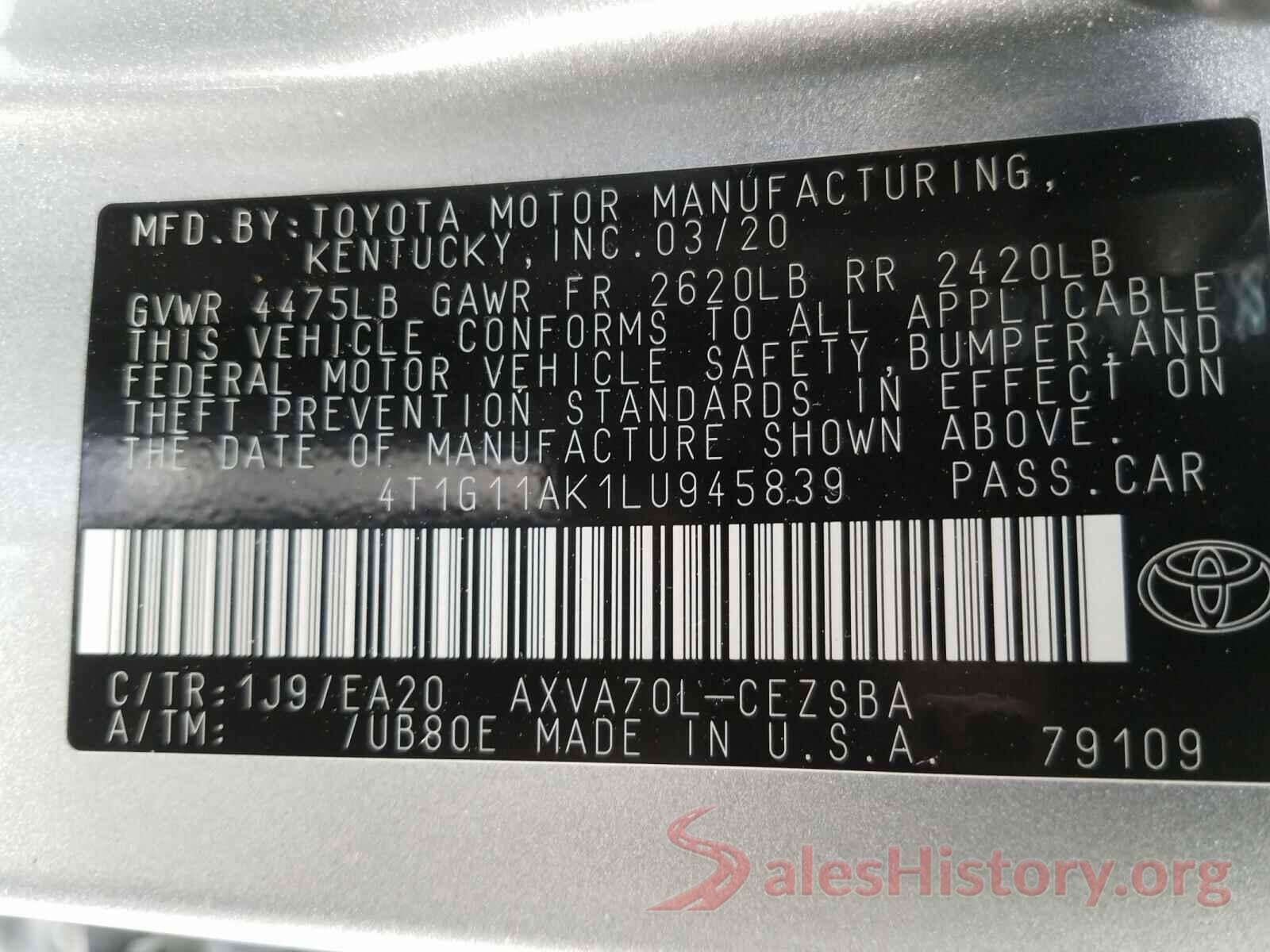 4T1G11AK1LU945839 2020 TOYOTA CAMRY