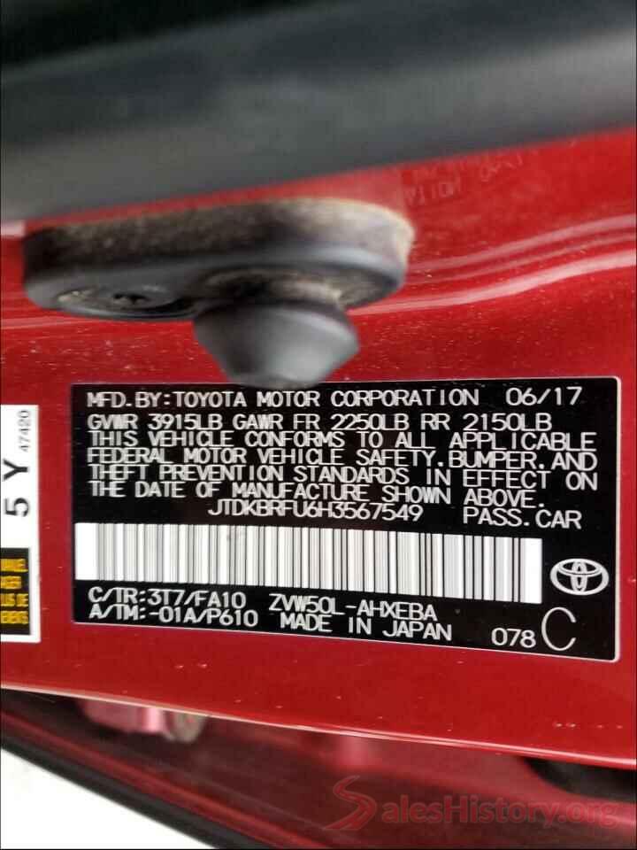 JTDKBRFU6H3567549 2017 TOYOTA PRIUS