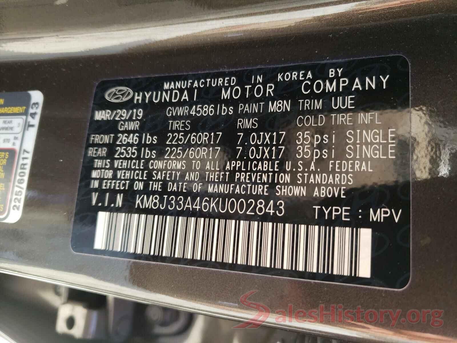 KM8J33A46KU002843 2019 HYUNDAI TUCSON